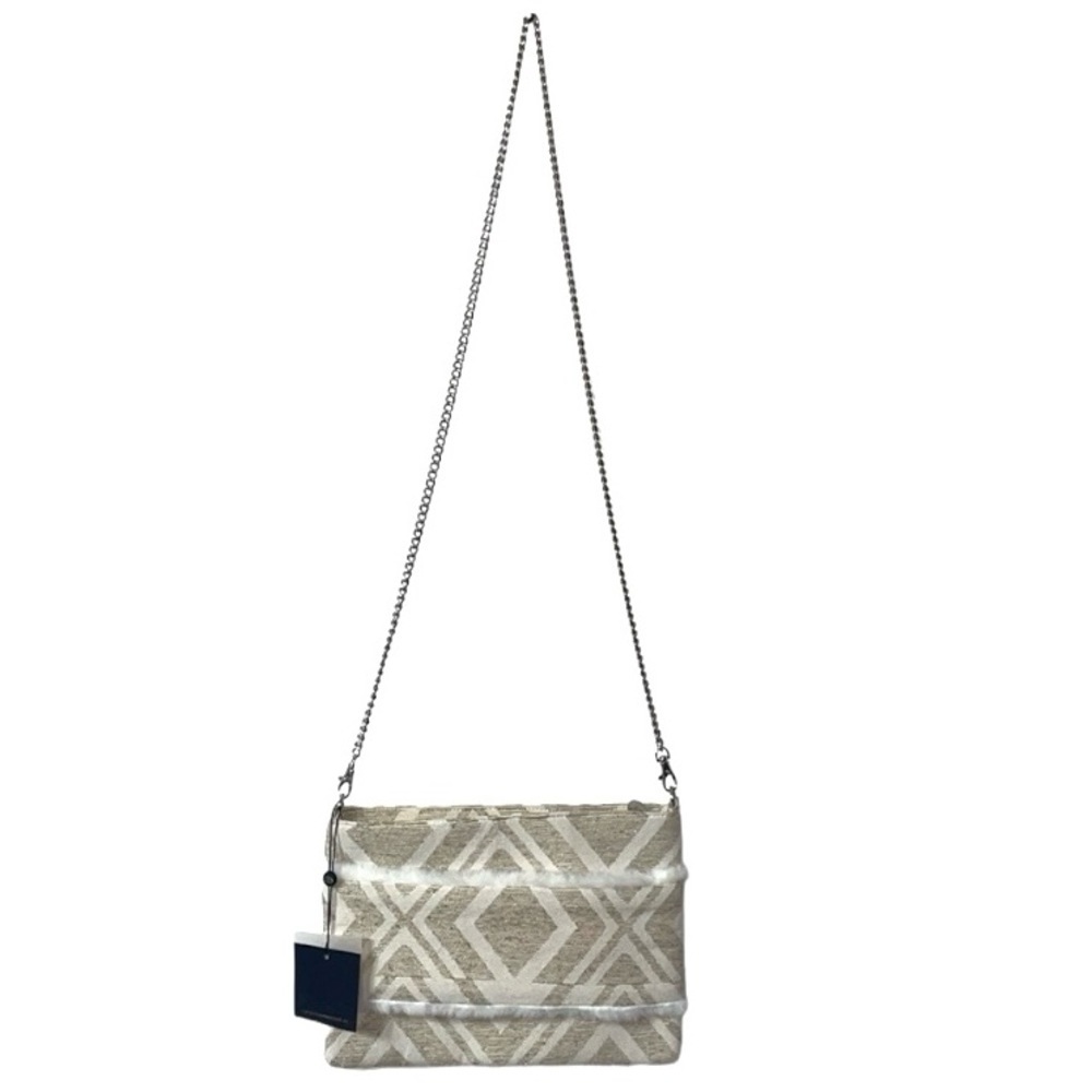 NEW America & Beyond Crossbody Canvas Tan White Metallic Silver Chain Everyday